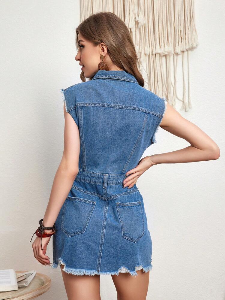 Women's Sleeveless Denim Dress With Frayed Hem