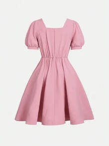 Teen Girl's Short Puff Sleeve Dress With Frill Edge Frill - Pink - View 2