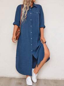 EMERY ROSE Vestido maxi informal de talla grande con ajuste holgado y abotonadura frontal para mujeres - Azul - Ver 5