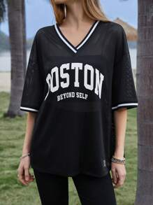 SHEIN EZwear Damen-t-shirt Mit Mesh-digitaldruck, Lockerer Schnitt