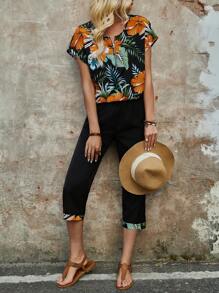 EMERY ROSE Ladies' Tropical Plant Printed Front Zipper Short-Sleeve Shirt And Trousers Set