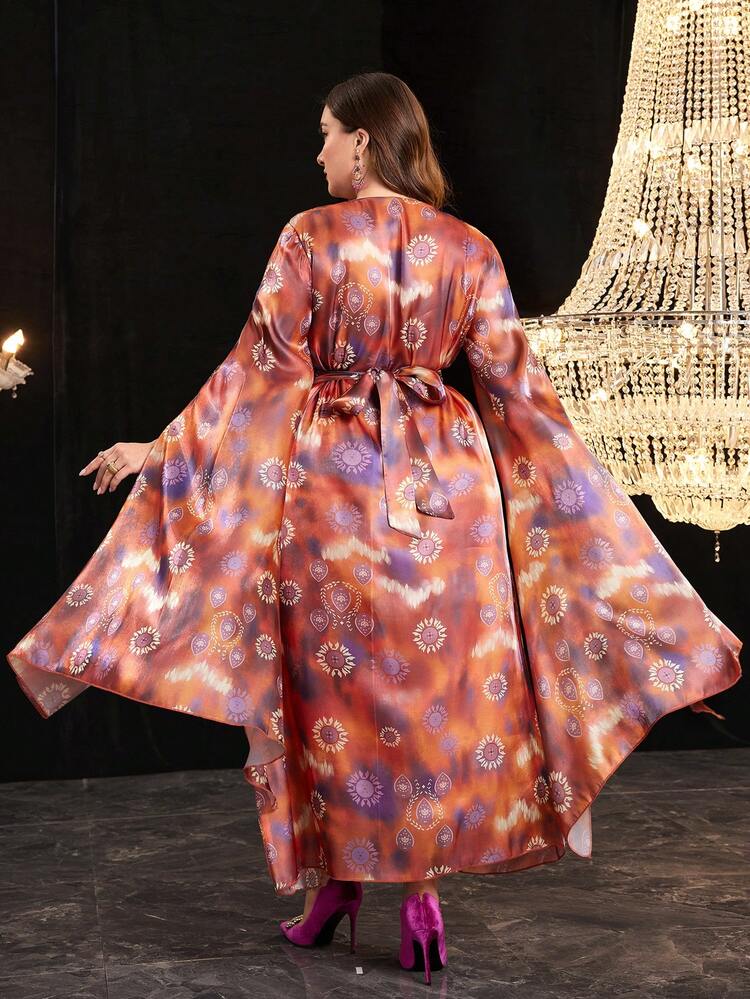 Plus Size Tie-Dye Patchwork Tape Cape Sleeve Dress Kaftan Jalabiya Dress