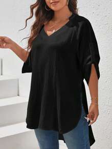 SHEIN VCAY Women's Plus Size Crepe Roll Sleeve Summer Shirt