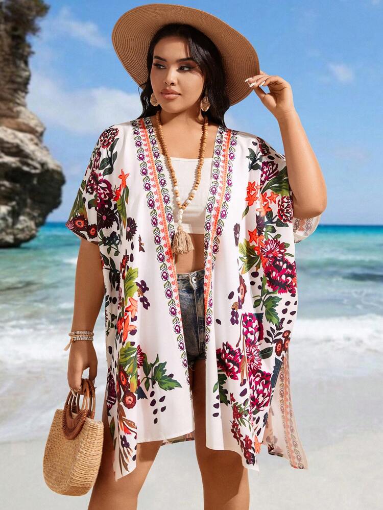 Plus Size Holiday Floral Print Batwing Sleeve Jacket