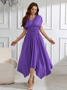 Modelyn Ladies' Short Sleeve Pleated Waist A-Line Dress Long Evening Dresses - Purple - View 6