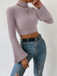 EURMUSE Mock Neck Cable Knit Crop Sweater - Dusty Pink - View 5