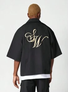 SUMWON Boxy Fit Revere Nylon Shirt With Front And Back Graphic Print - Black - View 2