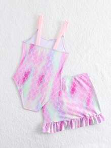 年輕女孩子的連身泳裝,帶有美人魚鱗片和字母印花 - 粉色 - 查看 2