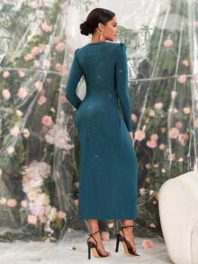 SHEIN Belle Women's Silver Foil Wrap Front Slit Cocktail Party Formal Dress - Dark Green - View 2