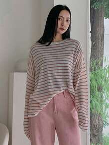 Dazy Tall 女士条纹宽松薄款针织毛衣圆领长袖秋装 - 彩色 - 查看 3