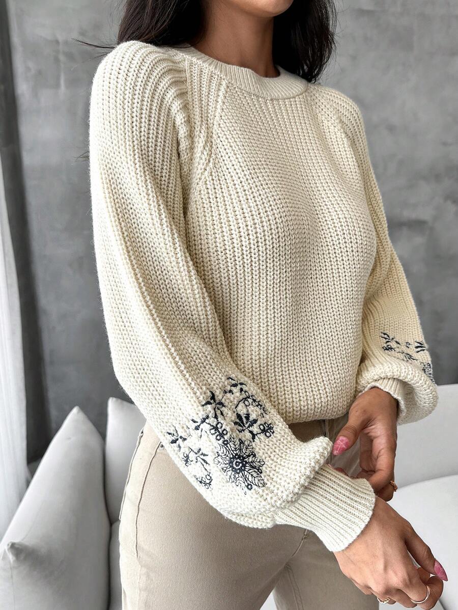 EURMUSE Women's Long Raglan Sleeve Floral Embroidery Round Neck Sweater - Beige - View 1