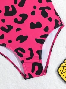 Young Girl Pink Leopard Print Swimsuit (Random Print) Without Hemming - Hot Pink - View 3