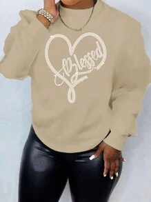 INAWLY Plus Size Women's Heart Printed Round Neck Sweatshirt Graduation,Back To School Outfits,Graduation,Teacher Outfits For Women,Back To School - Khaki - View 3