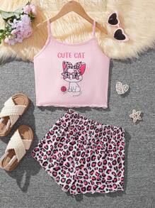 SHEIN 預/青少女用針織貓紋背心與針織寬鬆短褲,家居服2入組 - 粉色 - 查看 1
