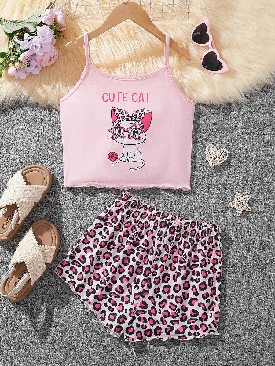 SHEIN 預/青少女用針織貓紋背心與針織寬鬆短褲,家居服2入組 - 粉色 - 查看 1