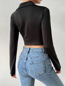 SHEIN Essnce 女士純色前拉鍊短款t恤 - 黑色 - 查看 2