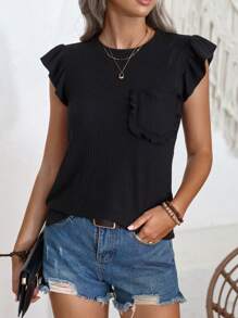 SHEIN LUNE 女士修身短款盖袖罗纹 T 恤 - 黑色 - 查看 4