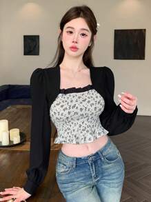 DAZY Áo thun tay dài xếp ly in họa tiết cây xanh cho nữ, nhún bèo, áo boho - màu đen - Xem 2