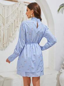 Aveloria Striped Little Floral Printed Stand Collar Hollow Out Long Sleeve Dress