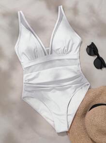 SHEIN Swim Summer Beach Mesh Insert Deep V-Neck One-Piece Swimsuit - White - View 5