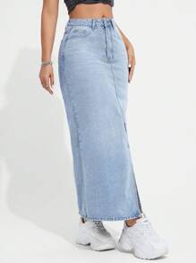 SHEIN EZwear Women's Light Blue Washed Denim Slit A-Line Skirt - Light Wash - View 6