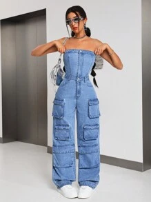 SHEIN ICON Women's Cargo Denim Jumpsuit With Pinafore - Blue - View 2