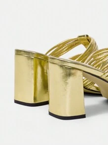 Women'S Fashionable Chunky Heeled Square Toe Gold High Heel Sandals - Gold - View 3