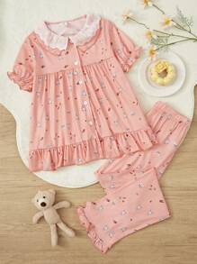 Tween Girls' Orange Cute Little Cat Printed Loose Fit Elegant 2pcs Homewear Set With Short Sleeve Top And Pants - Orange - View 1