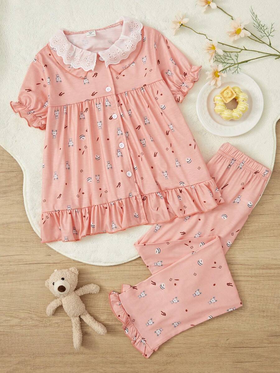Tween Girls' Orange Cute Little Cat Printed Loose Fit Elegant 2pcs Homewear Set With Short Sleeve Top And Pants - Orange - View 1