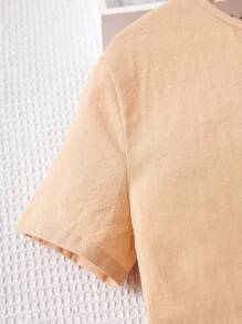 Tween Girl Woven Button Front Belted Casual Romper - Khaki - View 3