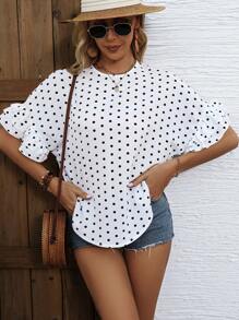 SHEIN Clasi 圓領圓點印花上衣,多層褶邊和袖口設計 - 白色 - 查看 5