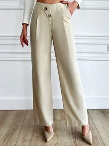 RueChic Solid Color Wide-Leg Pants With Button And Slanted Pockets