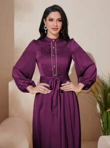 Modelyn 女士純色珍珠釦細節長袖中長款連衣裙 - 中紫紅色 - 查看 6