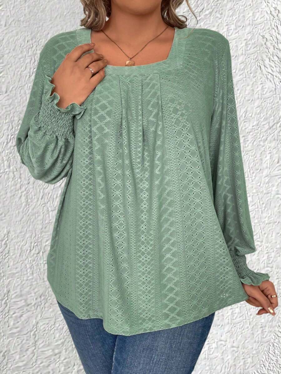 SHEIN LUNE Áo thun cổ vuông tay loe thêu lỗ - màu xanh lá - Xem 1