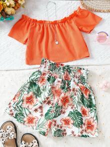 SHEIN Tween Girls' Off Shoulder Ribbed Top With Frill Trim And Plant Printed Shorts Set, School, Campus, College - Orange - View 1