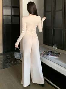 DAZY 1set Women's Asymmetrical Off Shoulder T-Shirt And Elastic Waist Wide Leg Pants Set,Women Two Pieces Sets
