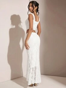 SHEIN BAE 女用不對稱蕾絲魚尾裙 - 白色 - 查看 2