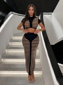 SHEIN SXY 秋冬双色条纹针织短款上衣和紧身半身裙套装 - 彩色 - 查看 5