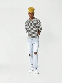 SUMWON 短款条纹短袖 T 恤 - 黑色 - 查看 4