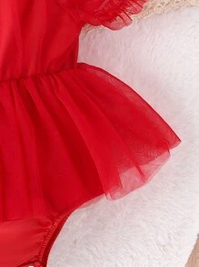 Baby Girl cổ vuông bong bóng tay áo ngắn lưới phủ áo liền quần - Đỏ - Xem 3