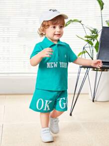 SHEIN Ensemble De Polo À Manches Courtes Et Shorts Pour Bébé Garçon Avec Motif De Lettres Décontracté Pour L'extérieur - Multicolore - Voir 8