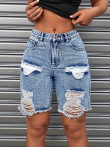 SHEIN ICON Women's Distressed Denim Shorts - Blue - View 1
