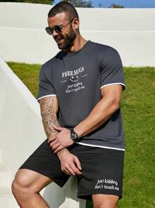 Manfinity Homme Men's Plus Size 2pcs/Set Short Sleeve T-Shirt And Shorts With Two Slogans And Face Design