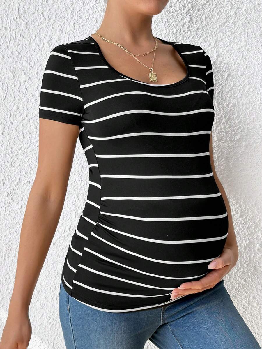 SHEIN Maternity Slim-Fit Striped T-Shirt - Black and White - View 1