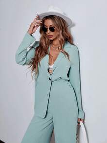 Chiquease Của phụ nữ Màu thuần Kiểm tra Cổ áo tây Tay áo dài Áo vest Và Quần Bộ đồ Bộ - Màu xanh Bạc hà - Xem 3