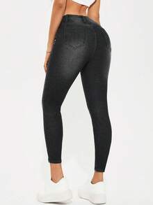 SHEIN PETITE 修身牛仔褲 - 黑色 - 查看 4