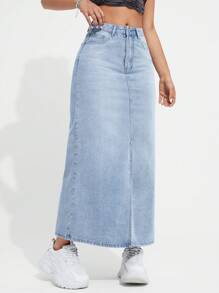 SHEIN EZwear Women's Light Blue Washed Denim Slit A-Line Skirt - Light Wash - View 4