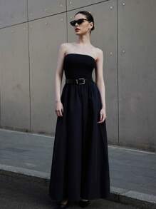 Siren Gaze Women's Summer Black Top-Tight And Bottom-Wide Knitted Splicing Woven Casual Dress With Side Pockets