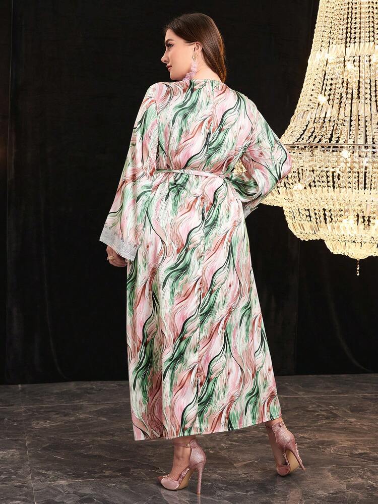 Plus Size Long Sleeve Embroidered Floral Detail Belted Dress Kaftan Jalabiya Dress