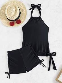 SHEIN Swim Bikini à bretelles fines pour femmes, sans armature, noir, avec boxers pour le festival d'été de musique - Noir - Voir 6